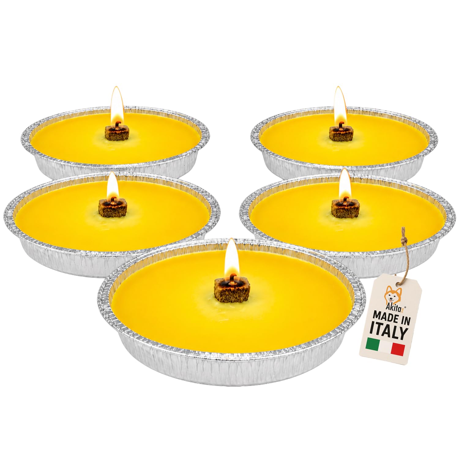Akitaink Candele Citronella Antizanzare Esterno, Set da 5 Pezzi | Fiaccole Ø 14 cm, Ciotola di Alluminio, Disponibili in Set da 5 o 10