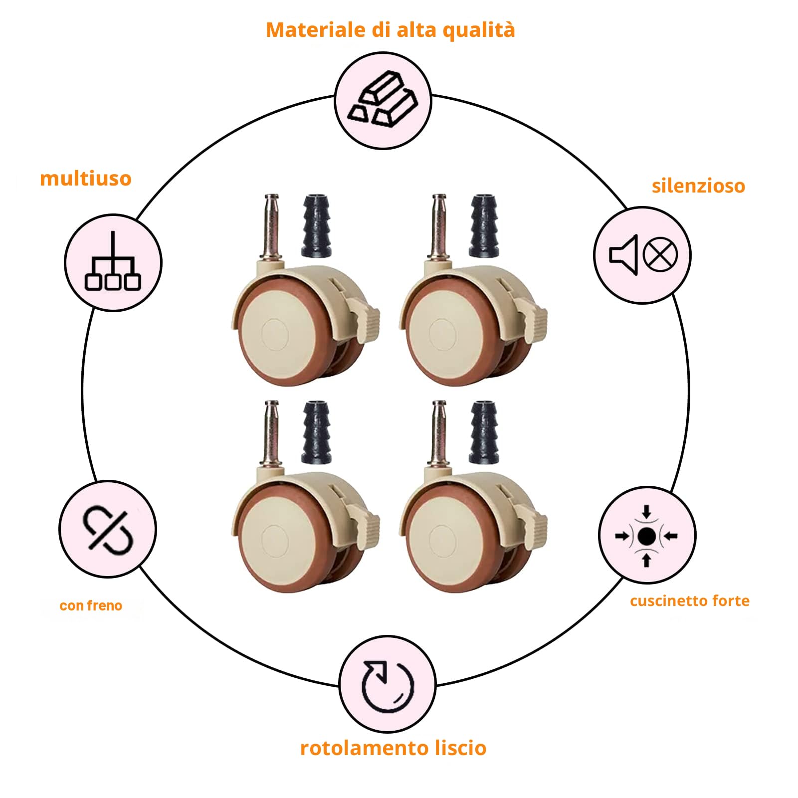 ZoeTekway Set di 4 ruote girevoli per mobili con manicotto 10,5 mm, ruote silenziose in gomma con freni