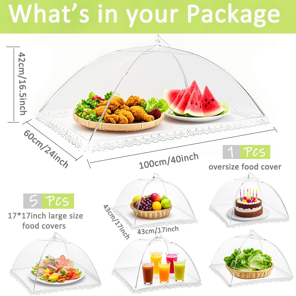 Cubierta de malla para alimentos, cubierta de red grande plegable de malla para alimentos, cubierta de pasteles, cubierta de frutas, paraguas para almacenamiento de platos al aire libre (6 piezas