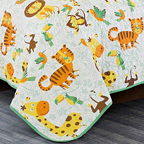 Jungle Print Teen/Kids Quilt Set Monkey Tiger Giraffe Forest Theme Twin Size Toddler Quilt For Toddler Bed Lion Green Animal Design Quilted Bedspread Coverlet With Pillow Sham (Safari Life, Twin) #TOP1