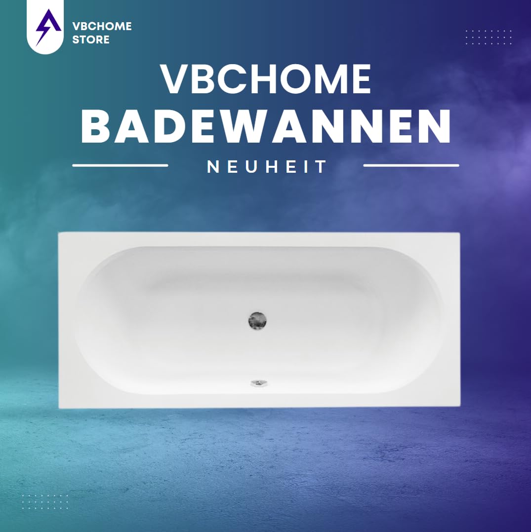 VBChome Badewanne 160 x 75 cm Acryl SET Schürze Siphon Acrylwanne Wanne Rechteck Weiß Design Modern Wannenfüßen Ablaufgarnitur Chrome