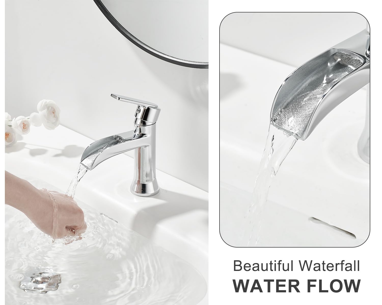 Maynosi Waterfall Bathroom Basin Mixer Tap, Mono Modern Bathroom Sink Tap with Waterfall Spout - Image 4
