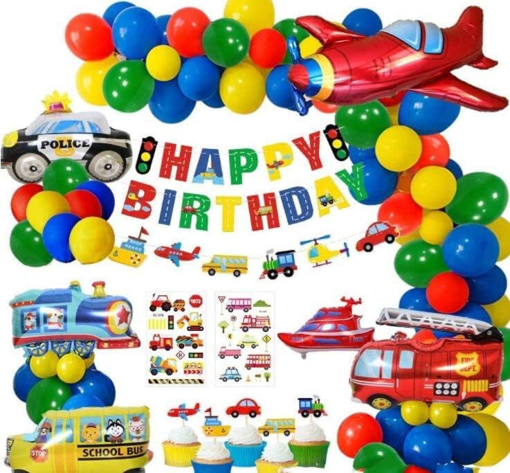 dolphinlove Kids Jungle Safari Theme Happy Birthday Banner Palm Leaves Latex Animal Balloons Baby Shower Events 61 Pieces (Transportation theme)
