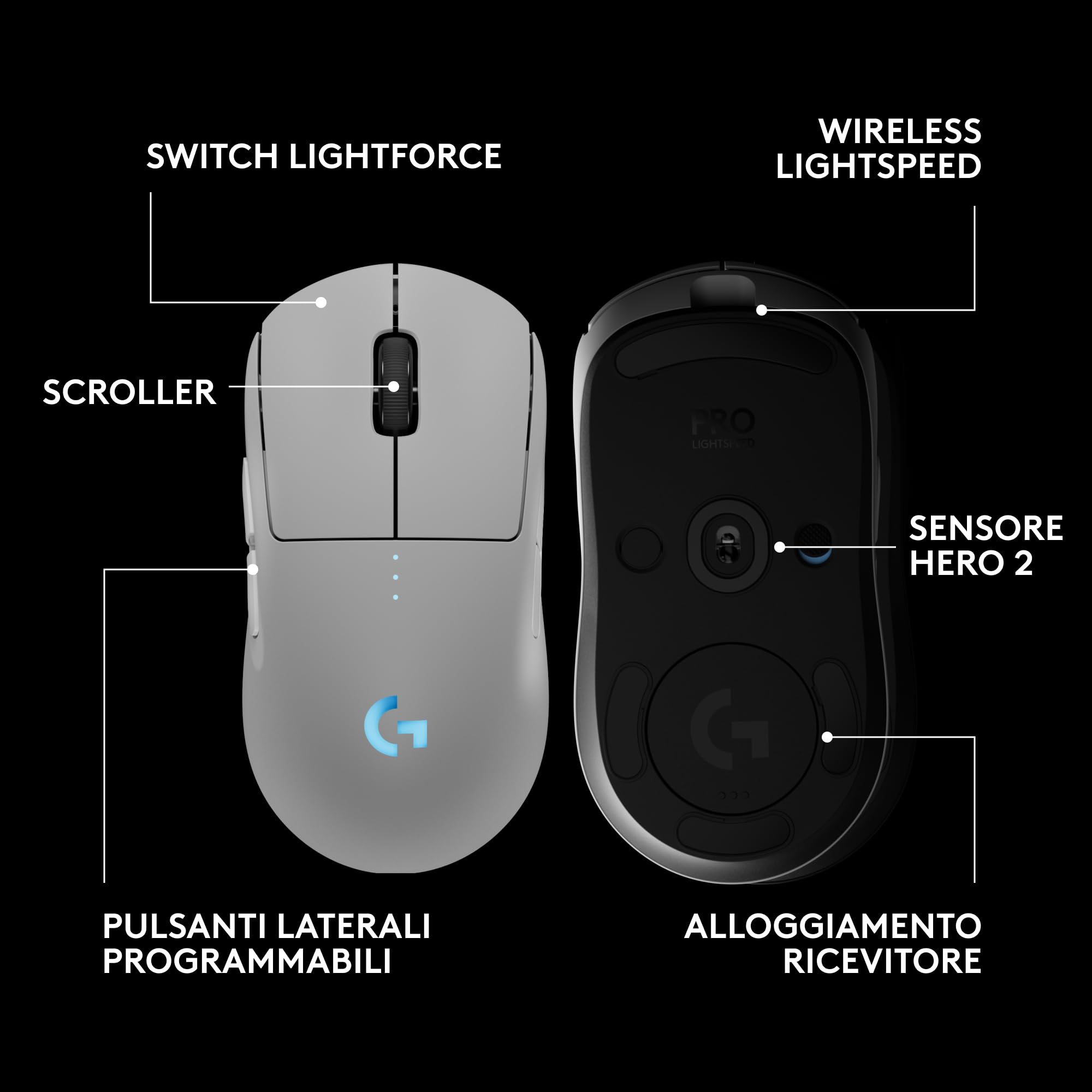 Logitech G PRO 2 LIGHTSPEED Mouse da gioco senza fili, East Europe Pachage, fino a 4 pulsanti laterali magnetici personalizzabili e commutabili, ricarica USB-C, sensore da 32k DPI per PC/Mac