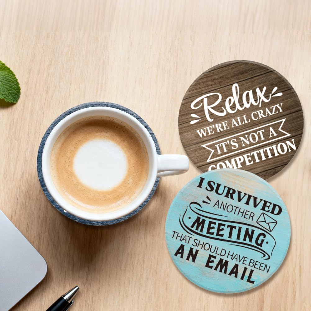 ANATTASOUL Coasters Set of 9 Humor Office Work Pattern Colorful Wooden Coasters Bulk Round Housewarming Gift for New Home, 3.9" Decorative Coffee Table Protection for Farmhouse Bar House Decor - Image 2