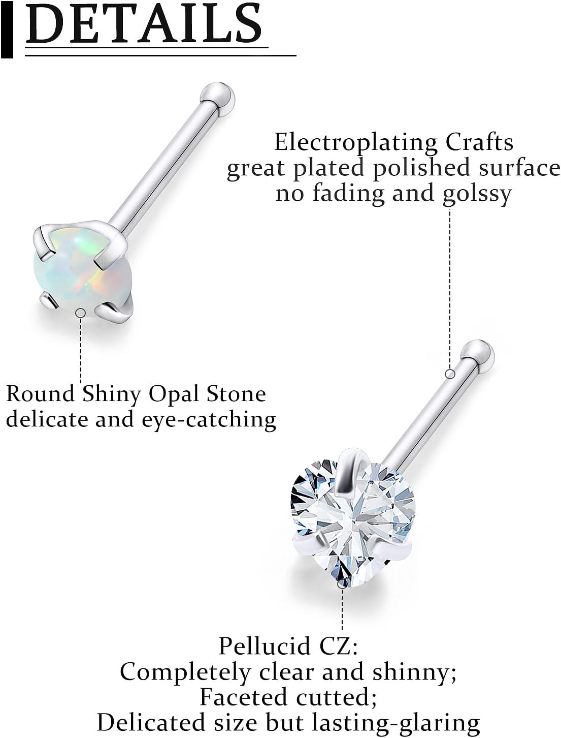 20/18g Nose Rings Studs Straight/L/Corkscrew Shape Bars Piercings Jewelry for Women Hypoallergenic Surgical Stainless Steel - Image 6