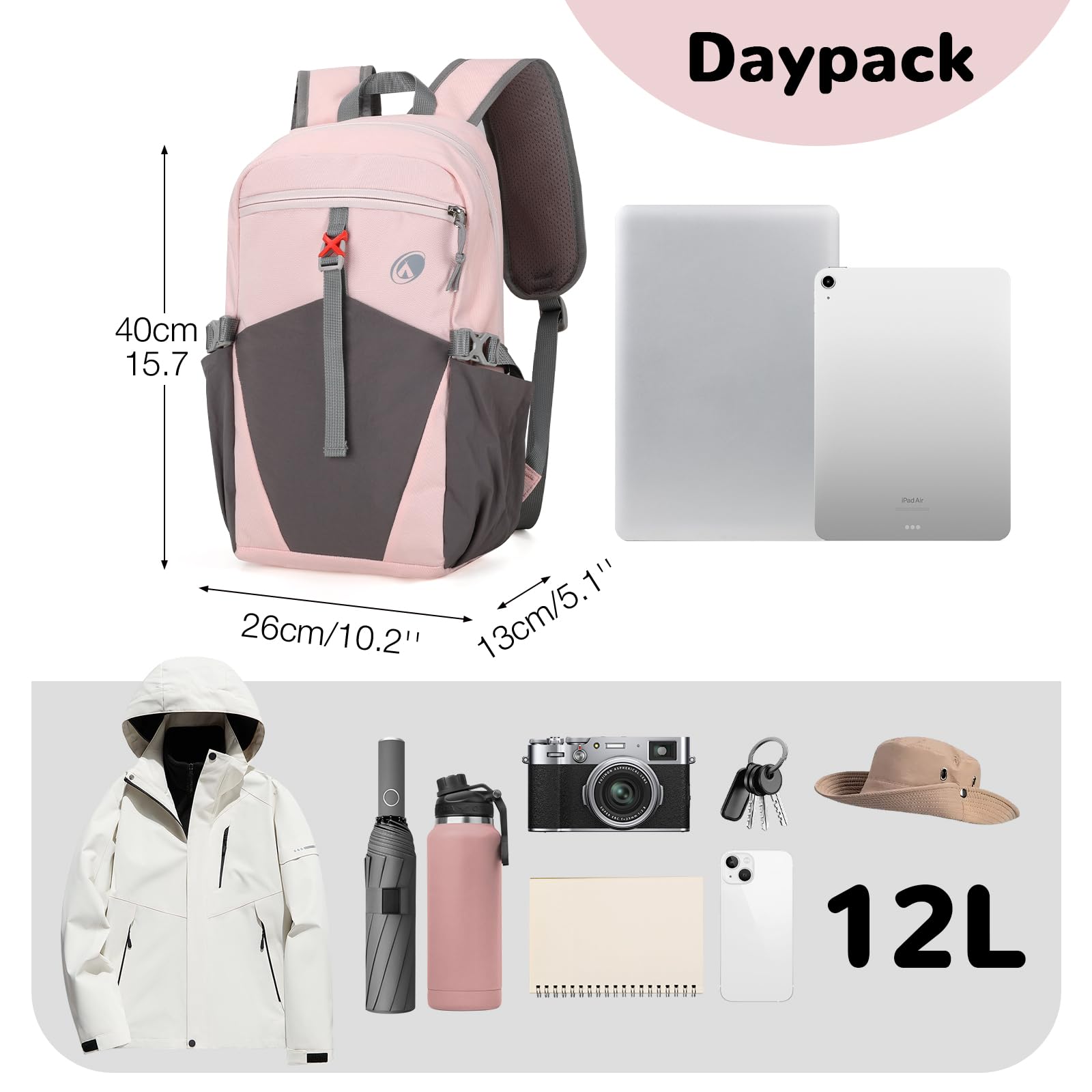 12L Petit Sac à Dos de Randonné Léger et Imperméable pour Homme et Femme, Mini Sac pour Enfant avec Sangle de Poitrine de Camping Loisir Vélo Voyage Sport de Plein Air