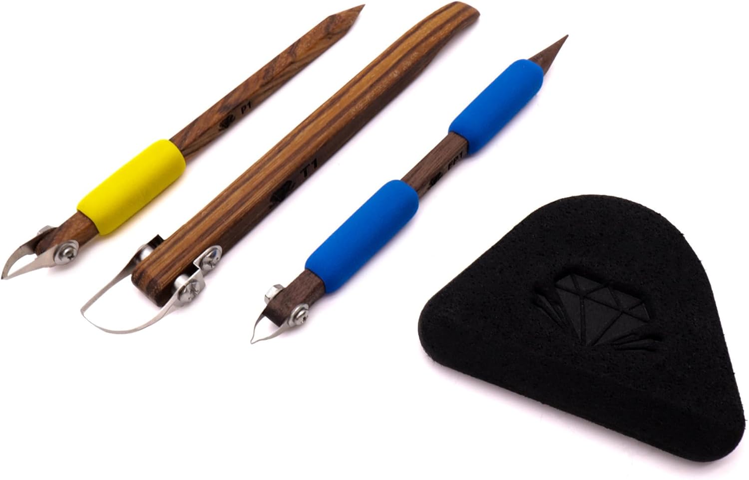 DiamondCore Tools: 4-Pack Pottery Carving, Trimming, Sgraffito, Sponge Set – P1, T1, FP1, SP1 Clay Sculpting Tool Set for Ceramics Artists (Set 1)