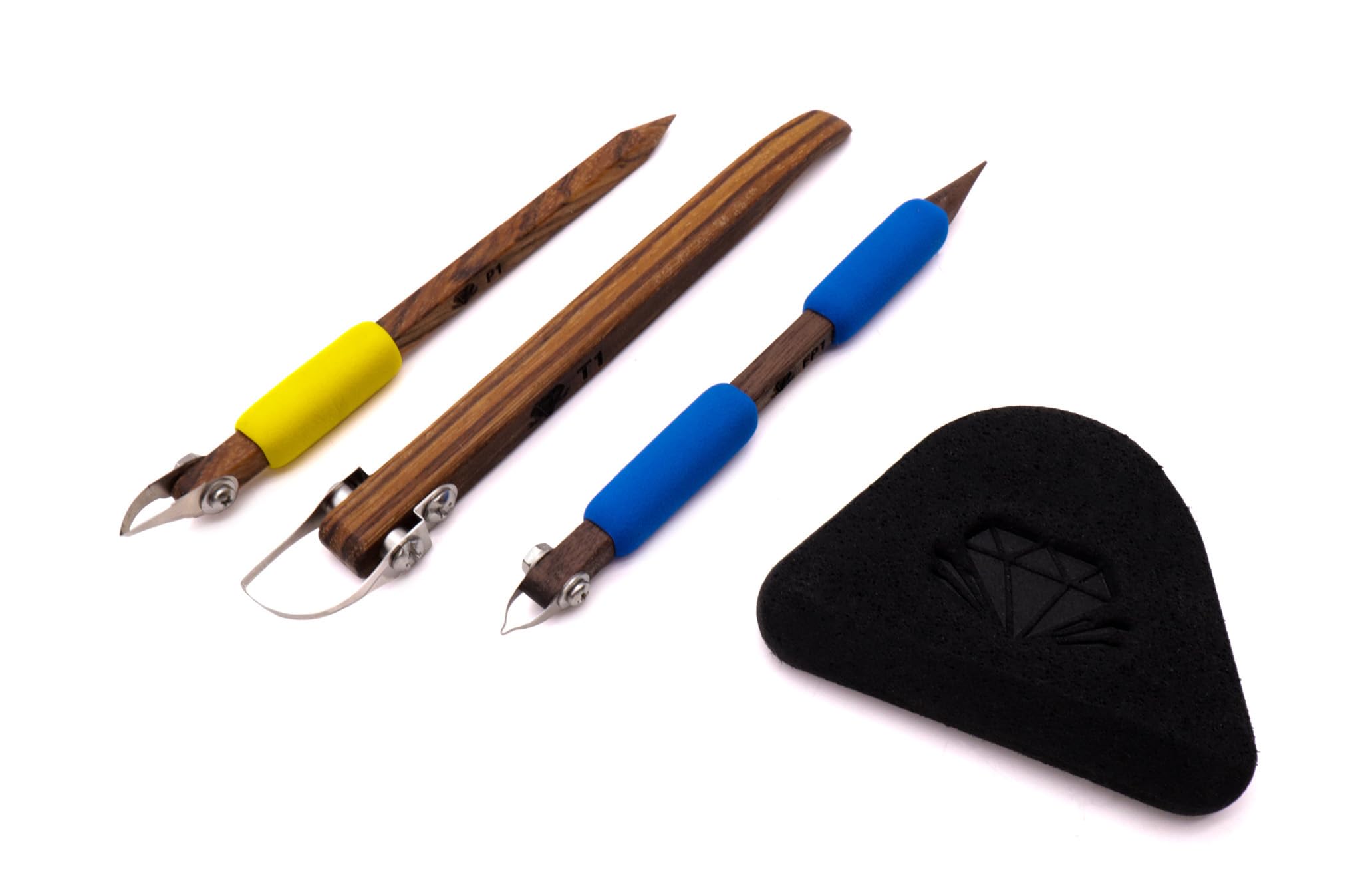 DiamondCore Tools: Lot de 4 outils de sculpture de poterie, découpage, sgraffito, éponges – P1, T1, FP1, SP1 – Ensemble d'outils de sculpture d'argile pour artistes céramiques (ensemble 1)