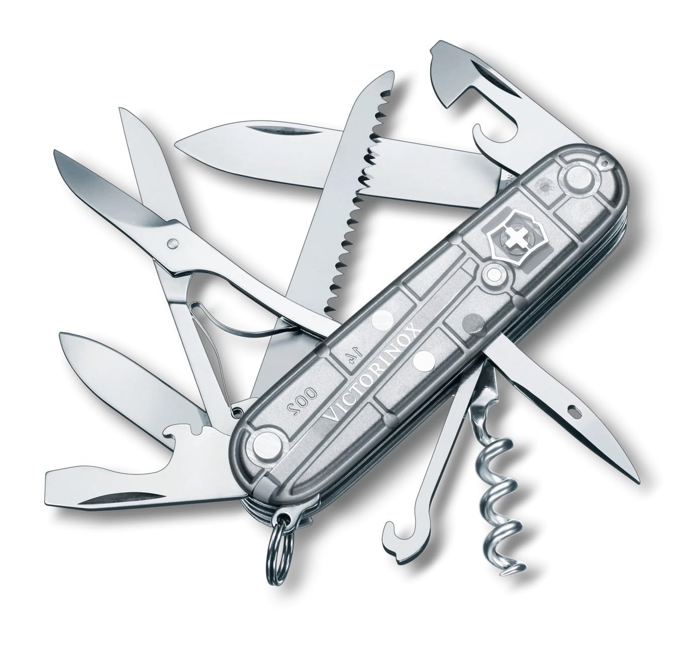 Victorinox Huntsman Swiss Army Knife, Medium, Multi Tool, Camping Knife, 15 Functions, Large Blade, Bottle Opener, Silver Transparent