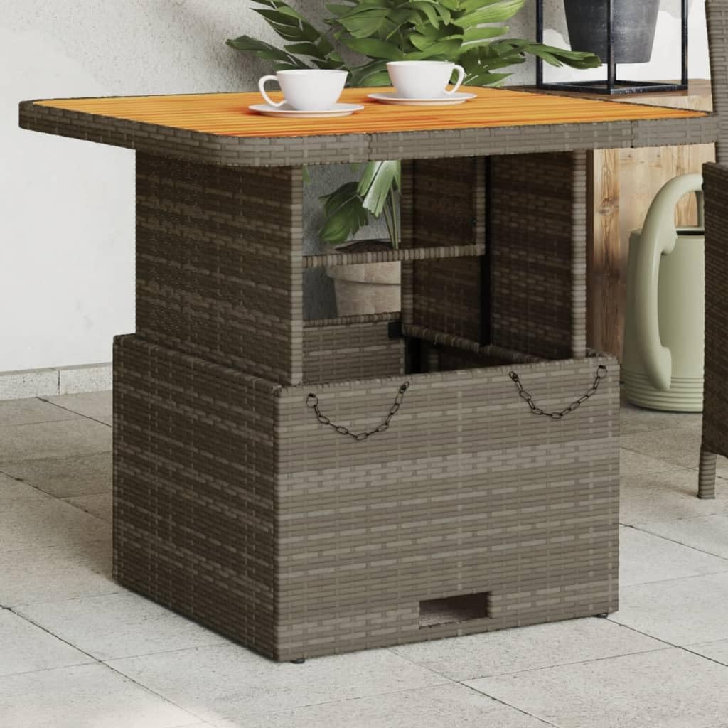 SXZenSpace Adjustable Garden Coffee Table 80 cm Grey PE Rattan Acacia Wood Lift Top Bistro Outdoor Patio Side for Balcony