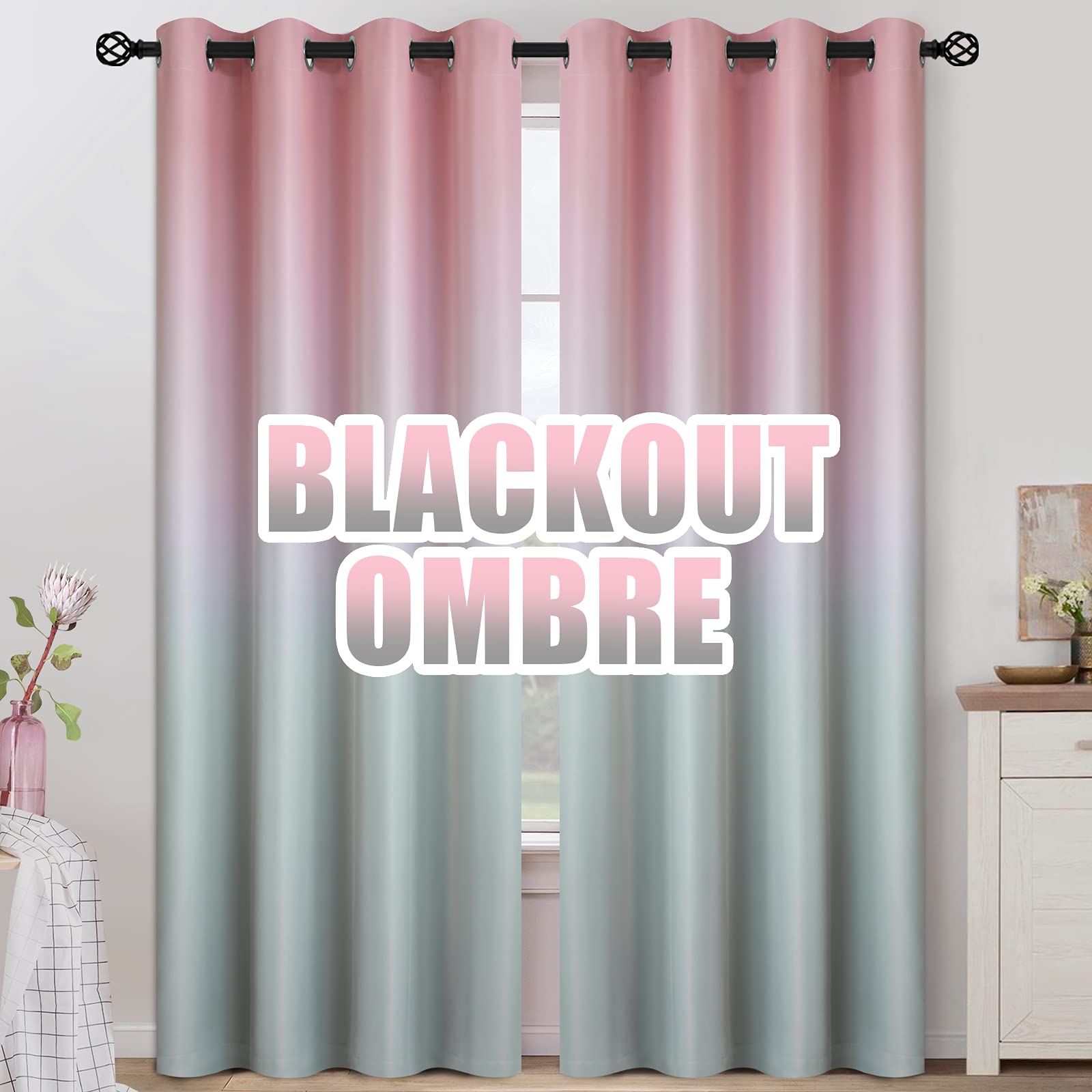 COSVIYA Grommet Ombre Room Darkening Curtains 96 inches Long for Kids/Girls Bedroom, Polyester Light Blocking Pink to Gray Gradient Window Drapes/Curtains for Living Room,2 Panels, 52x96 inches — image 1