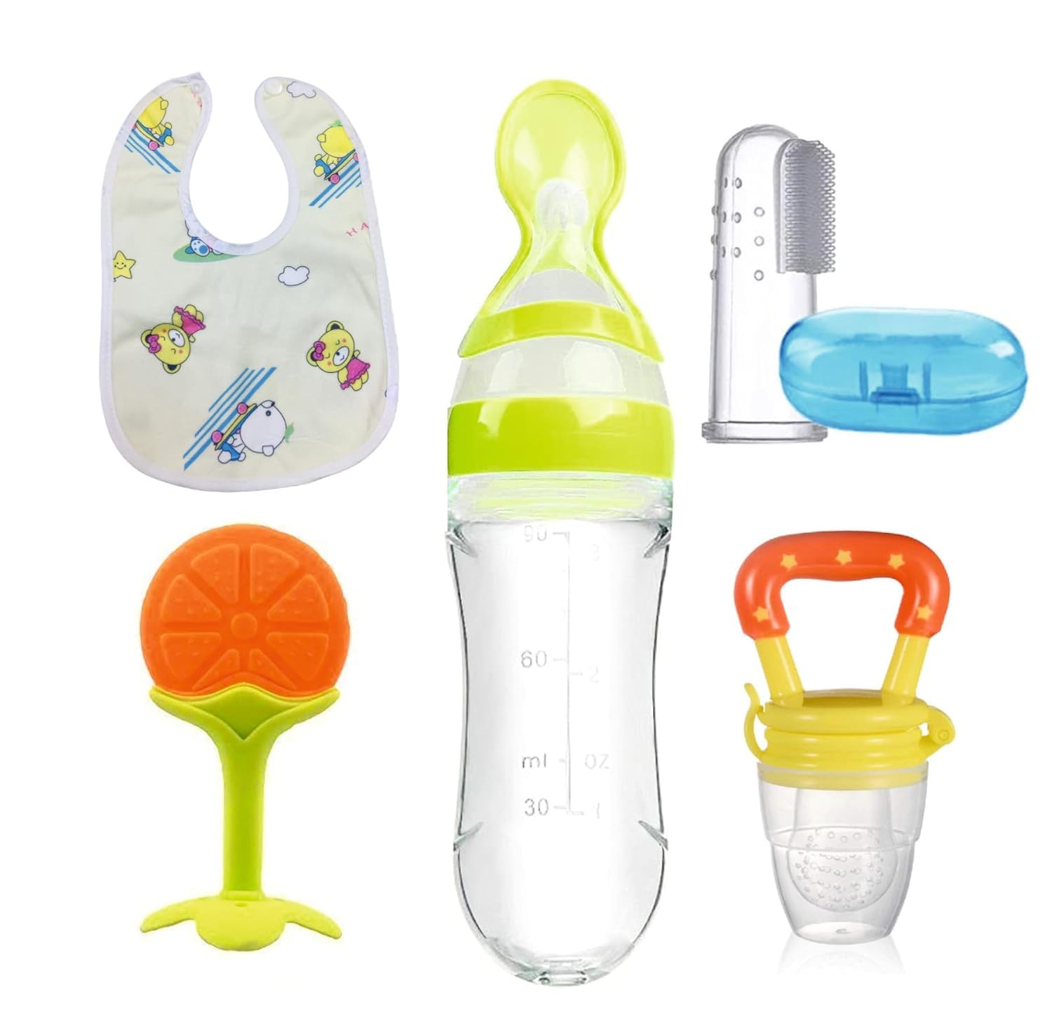 Silicone Baby Food Dispensing Spoon Bottle 90ML 1pc, Fruit Feeder/Nibbler/Pacifier 1pc, Fruit Shape Teether 1pc, Finger Tooth Brush 1pc and Baby bib 1pc (Pack of 5) (Green)-image-46