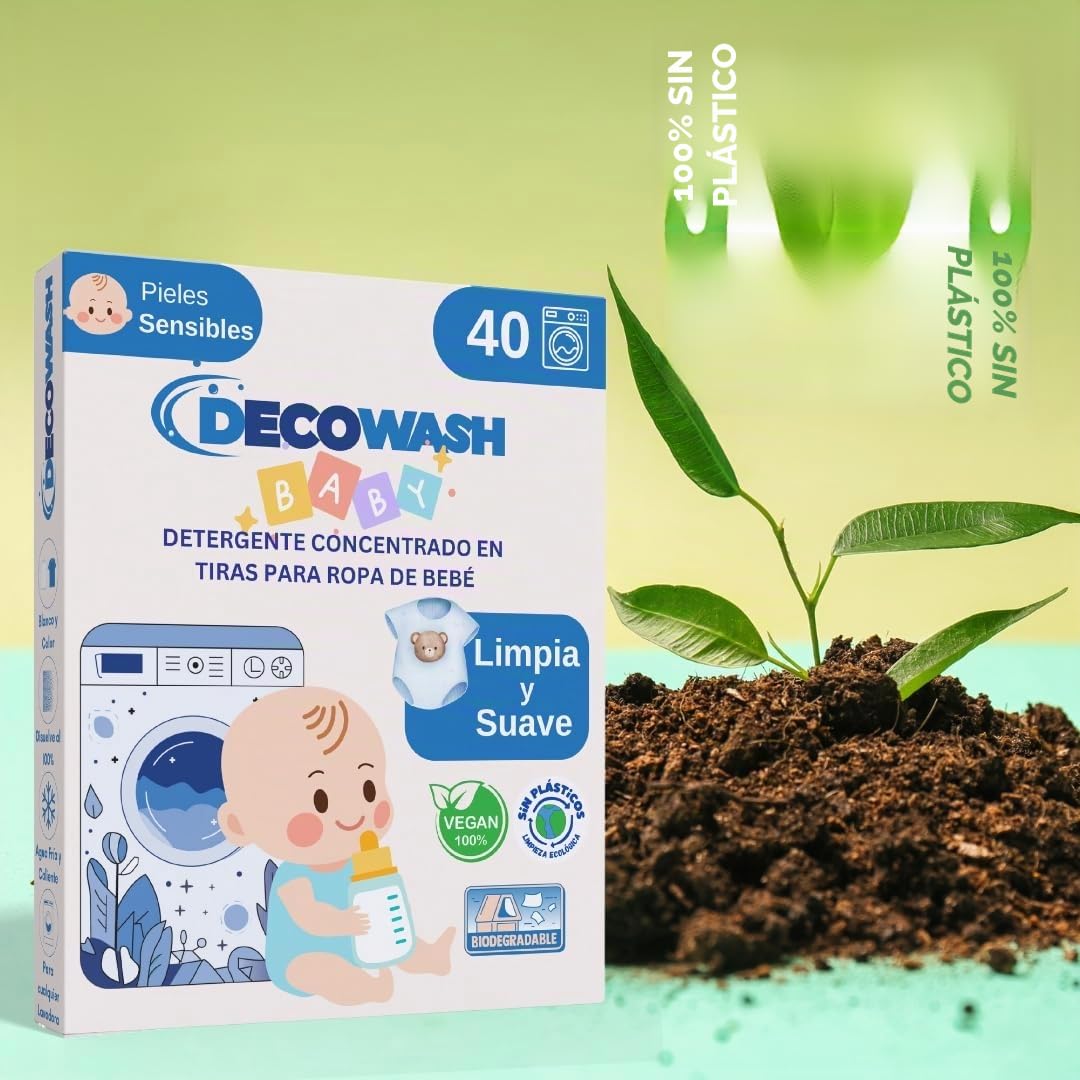 Detergente en Tiras Concentrado para Ropa de Bebé (Máximo 800 Lavados) – Hipoalergénico, Ecológico, para Pieles Sensibles, Biodegradable, Vegano, Sin Plásticos – Pack de 10 Unidades (Sin fragancia)