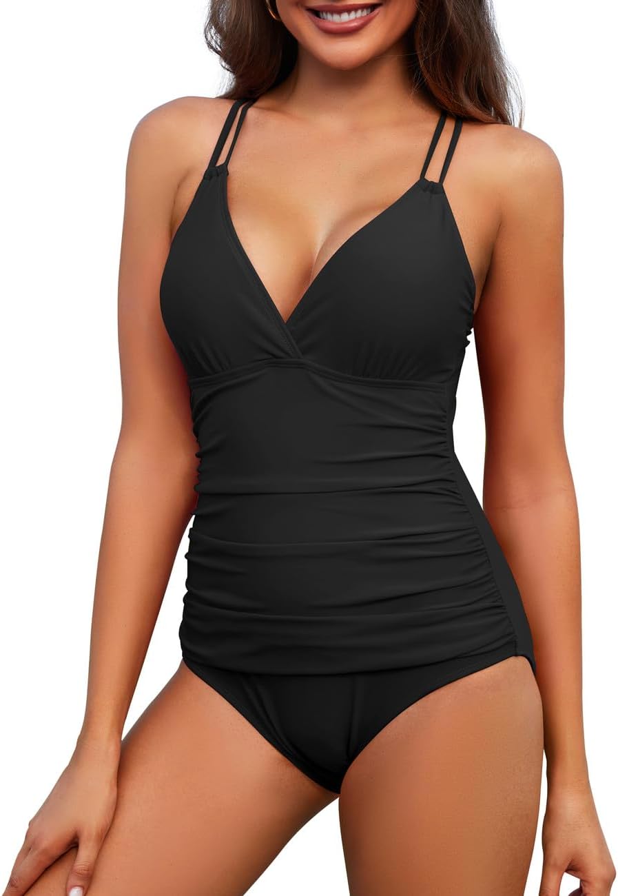 Hilor Women's Underwire One Piece Swimsuits Ruched V Neck Tummy Control Bathing Suit Criss Cross Monokini Swimwear - Image 2