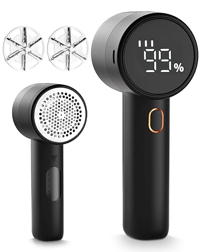 Fabric Shaver, Lint Remover Rechargeable, Electric Portable Sweater Defuzzer with 3 Speeds, 6 Leaf Blades, Digital LED Display to Remove Pilling for Clothes, Furniture, Sweater, Couch, Blanket - Black