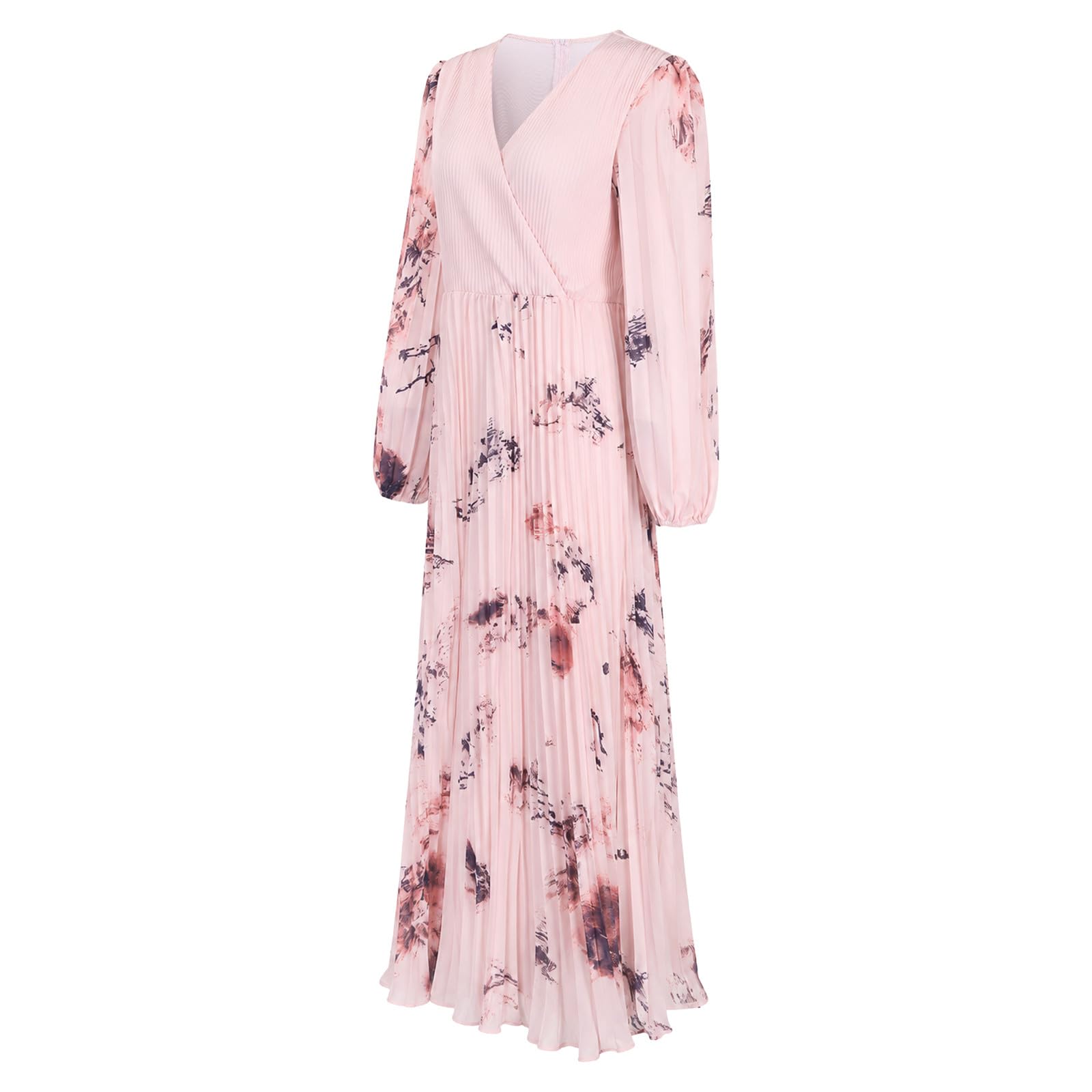 Vestido Plisado de Manga Larga con Cuello y Estampado Floral, Estilo Casual de Verano con un Elegante diseño Fluido.