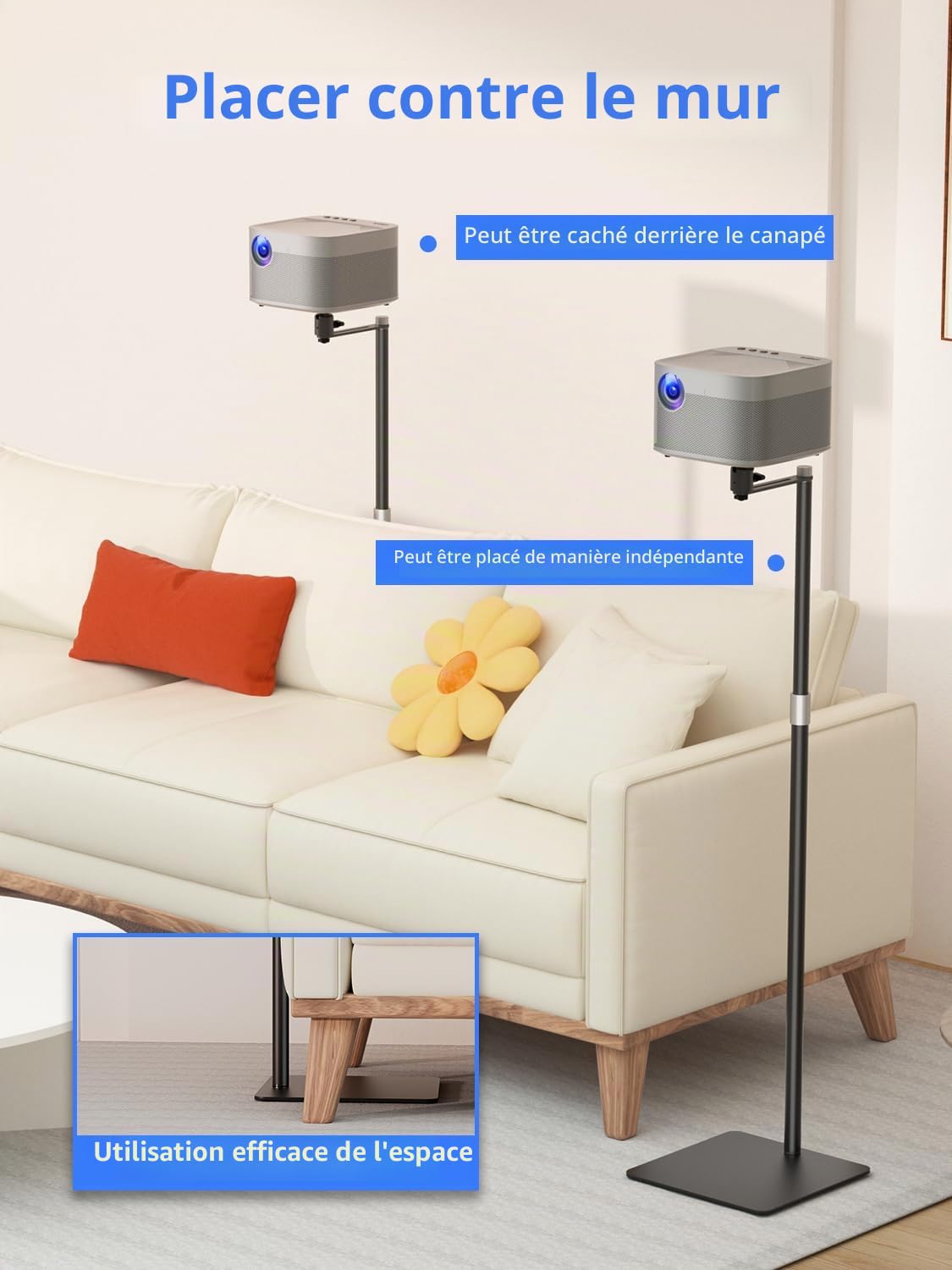 suptek Support au Sol pour vidéoprojecteur Discret derrière canapé, Rotatif 360°, Hauteur réglable, Support de Projecteur Universel pour Bureau et vlog, Grosse rotule améliorée, Noir, PR007FPB