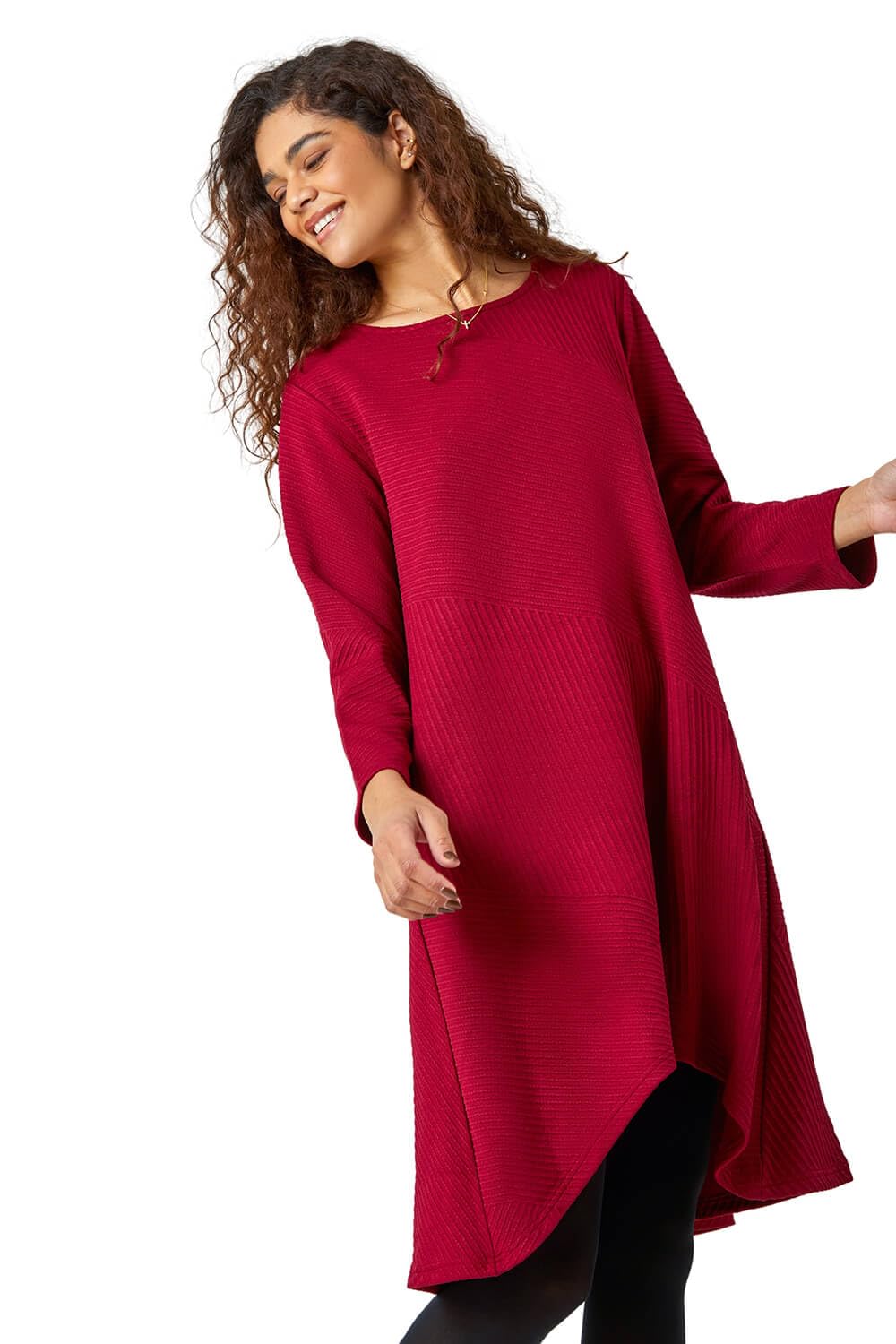 Roman Ribbed Asymmetric Stretch Dress for Women UK Ladies Autumn Everyday Winter Holiday Round Neckline Comfy Long Sleeve Soft Dipped Hemline Frock Desk to Dinner - Wine - Size 10