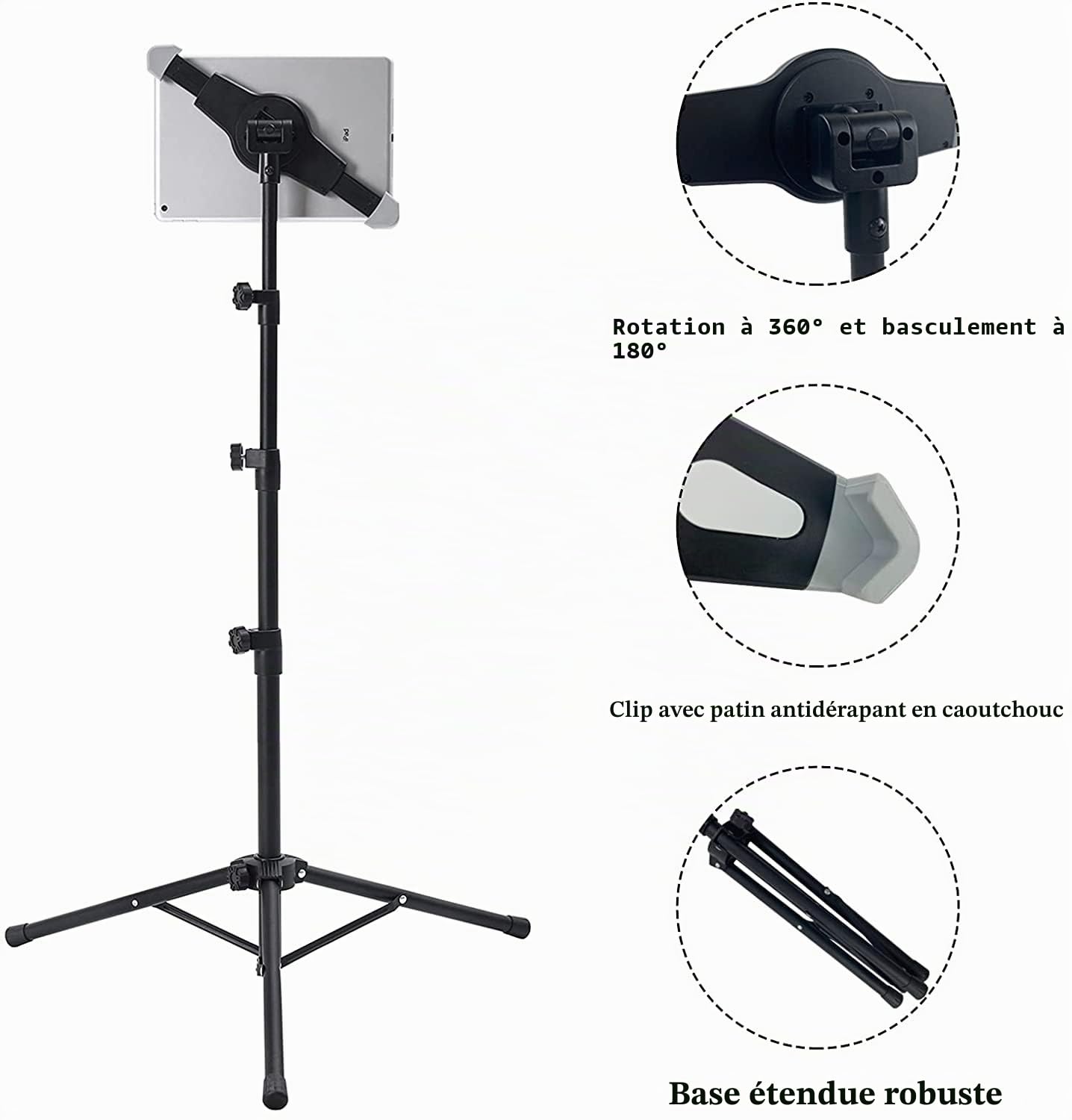 Trépied pour iPad, Hauteur réglable, Support de Tablette avec Rotation à 360 degrés pour iPad Pro 12.9, iPad Air et Autres appareils de 24,5 à 36,5 cm