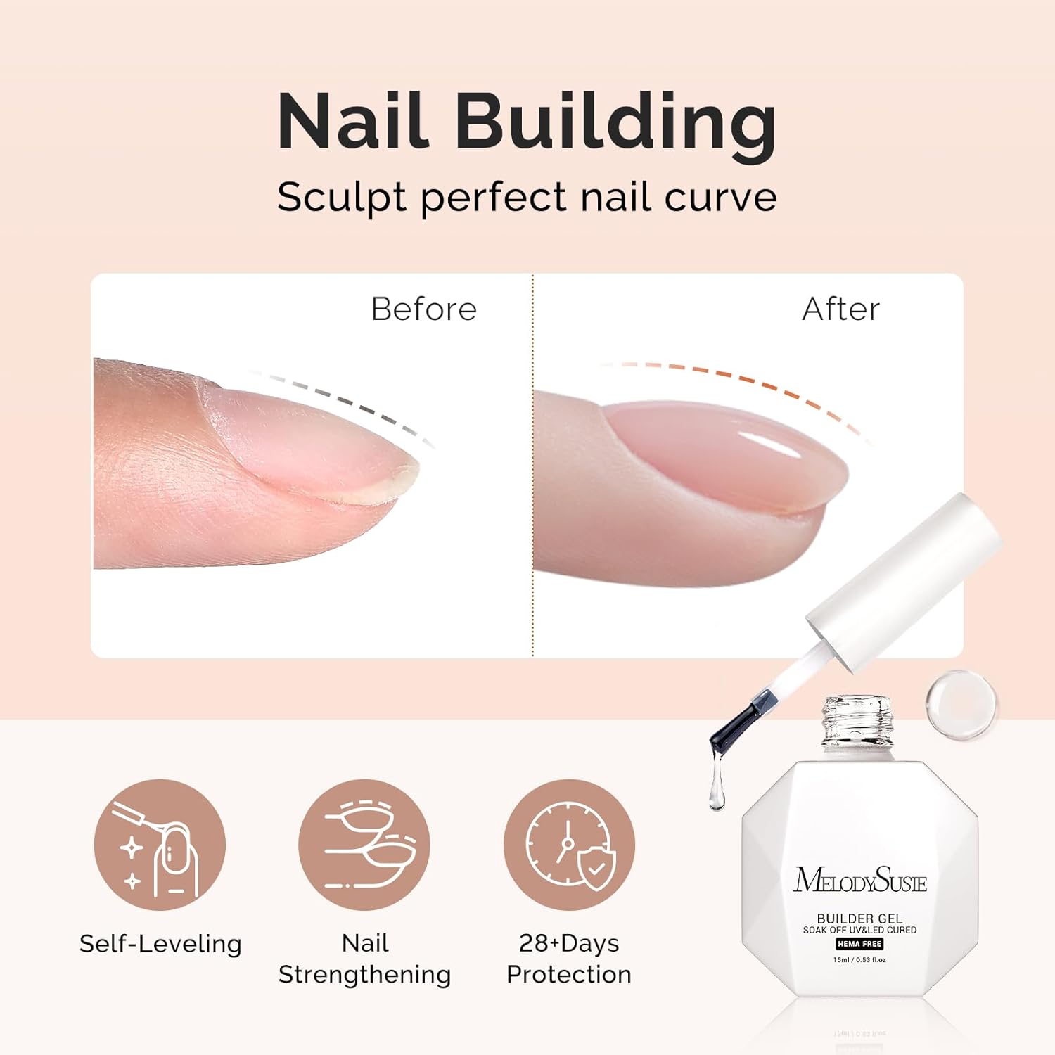 MelodySusie Hema Free Builder Nail Gel for Nails Thickening, 0.5 Fl Oz, Soak Off UV Extension Gel, Nail Art Design Salon DIY Manicure at Home for Women 3PCS