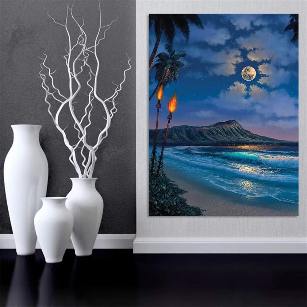 DIY 5D Diamante Pintura Bordado Kits Completo Paisaje luna noche Diamond Painting Adultos/Niños Rhinestone Punto de Cruz Diamante Arte Artesanía Casa Decor de La Pared Round Drill,70x90cm/28x36inch
