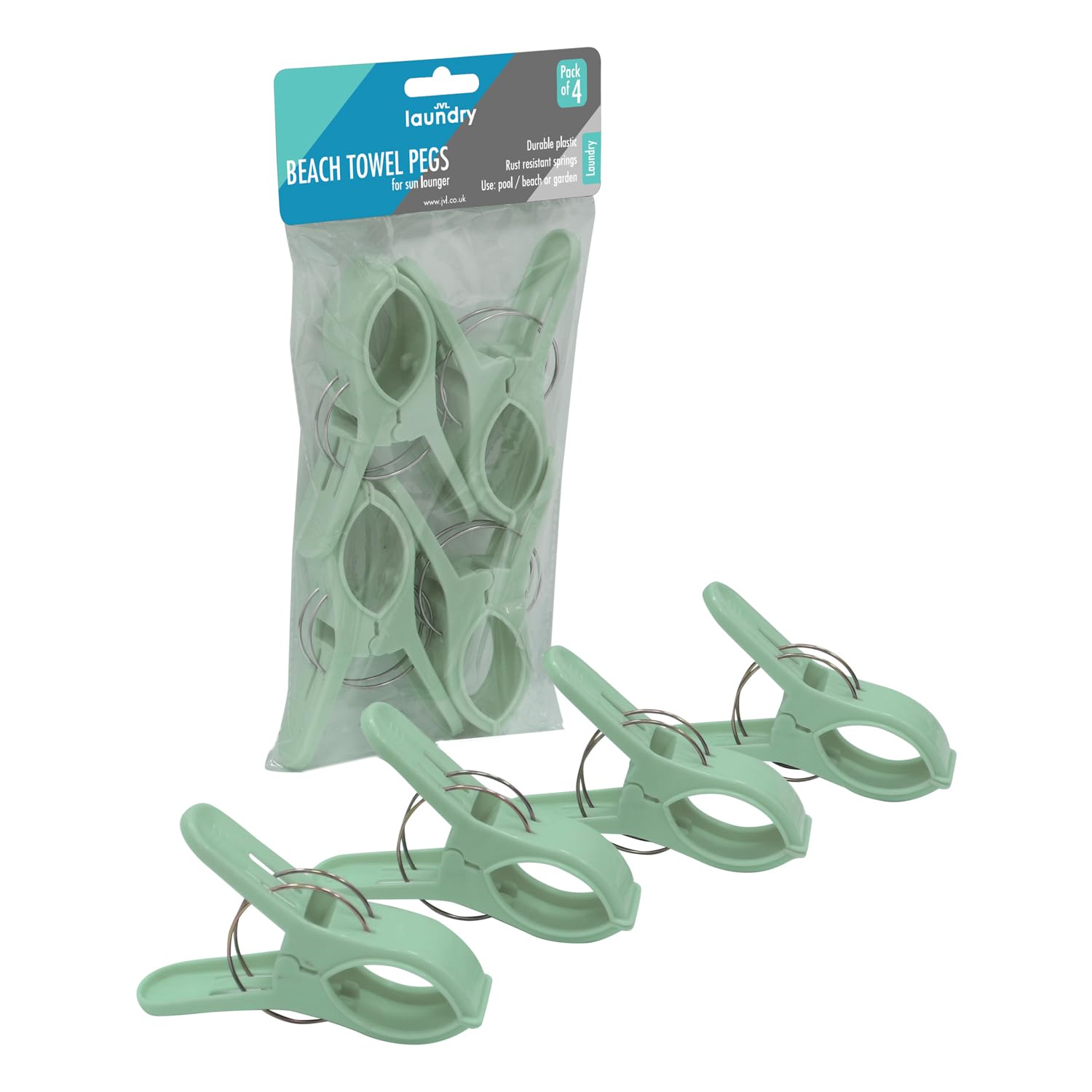 JVL 4 Pack Beach Towel Pegs – Large Strong Towel Clips for Sun Lounger & Windy Conditions – Green