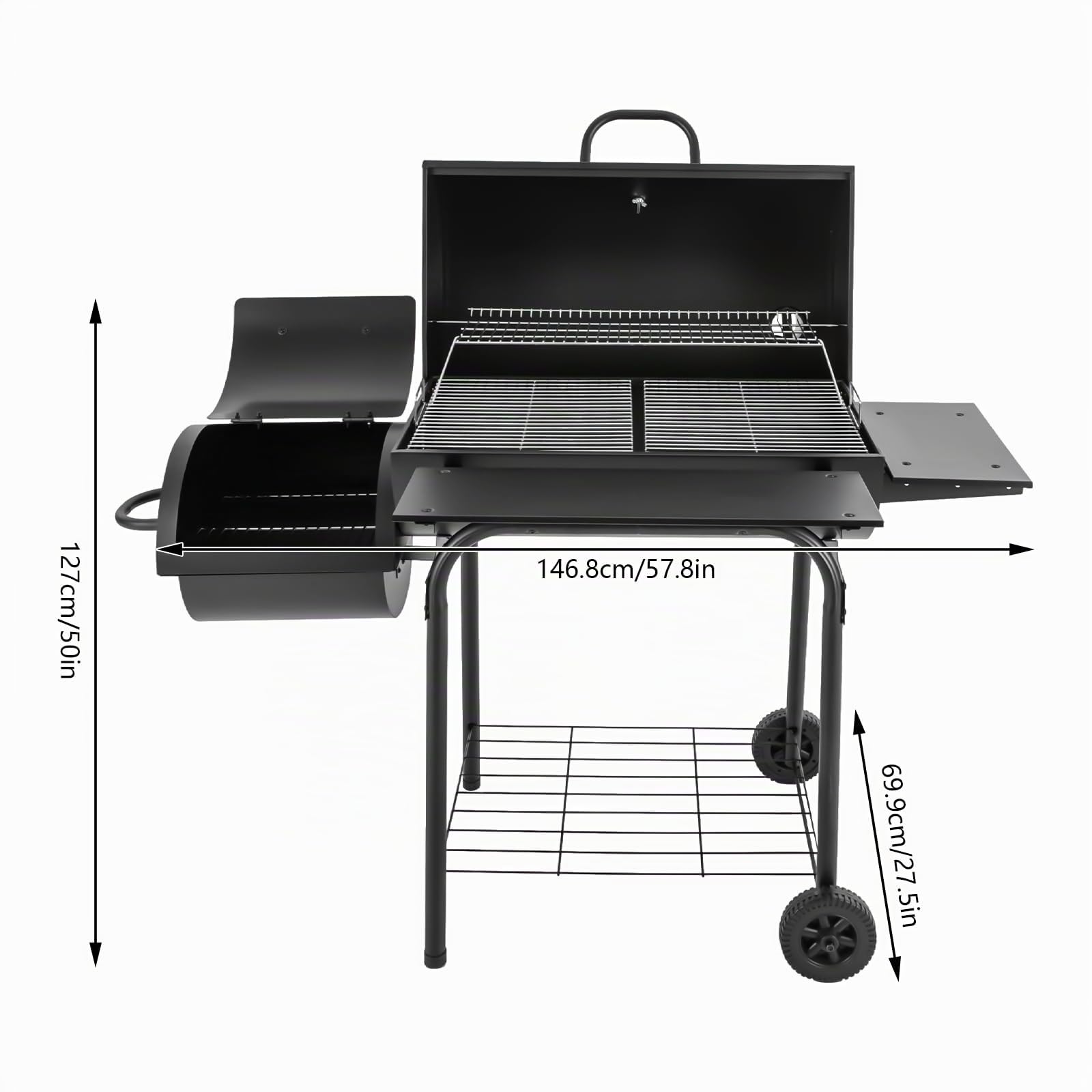 Barbacoa de carbón vegetal con 2 zonas de barbacoa, barbacoa de carbón independiente Ourdoor con tapa y chimenea, termómetro, carro de carbón vegetal para jardín, terraza, camping