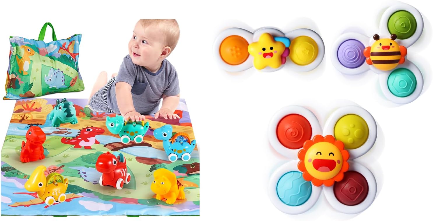 ALASOU 7 PCS Dinosaur Car Toys with Playmat and 3 PCS Suction Cup Rotating Toys for Infant and Toddlers