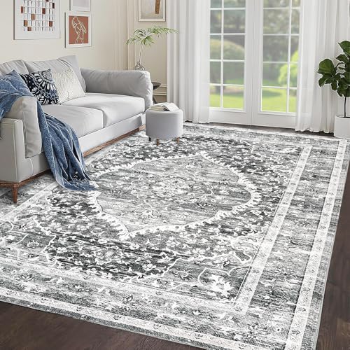 Garvee 9x12 Area Rug - Washable Rugs for Living Room, No Pile Boho Carpet for Entryway, Bedroom, Dinning Room, Vintage Carpet Print, Distressed Non-Sl