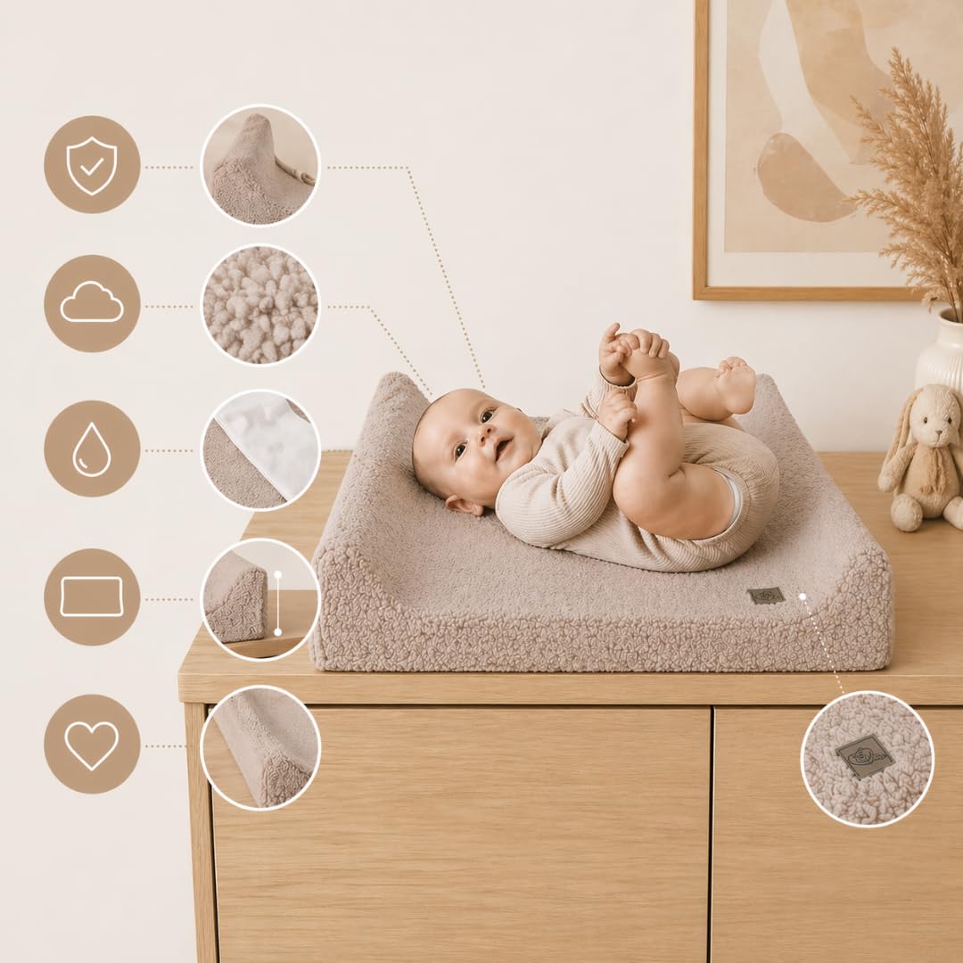 Wiklinopol Wickelauflage 50x70 cm Baby – 3in1 Set mit abnehmbarem Teddy-Plüsch-Bezug (beige) Wickelunterlage abwaschbar mit Umrandung + wasserdichte Frottee-Wickeltischauflage für unterwegs