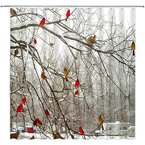 Tree Cardinal Shower Curtain Christmas Cardinal Bird on Branch Snowy Winter Holiday Farmhouse Festival Bath Fabric Curtain Sets with Hooks,Red Brown Cover