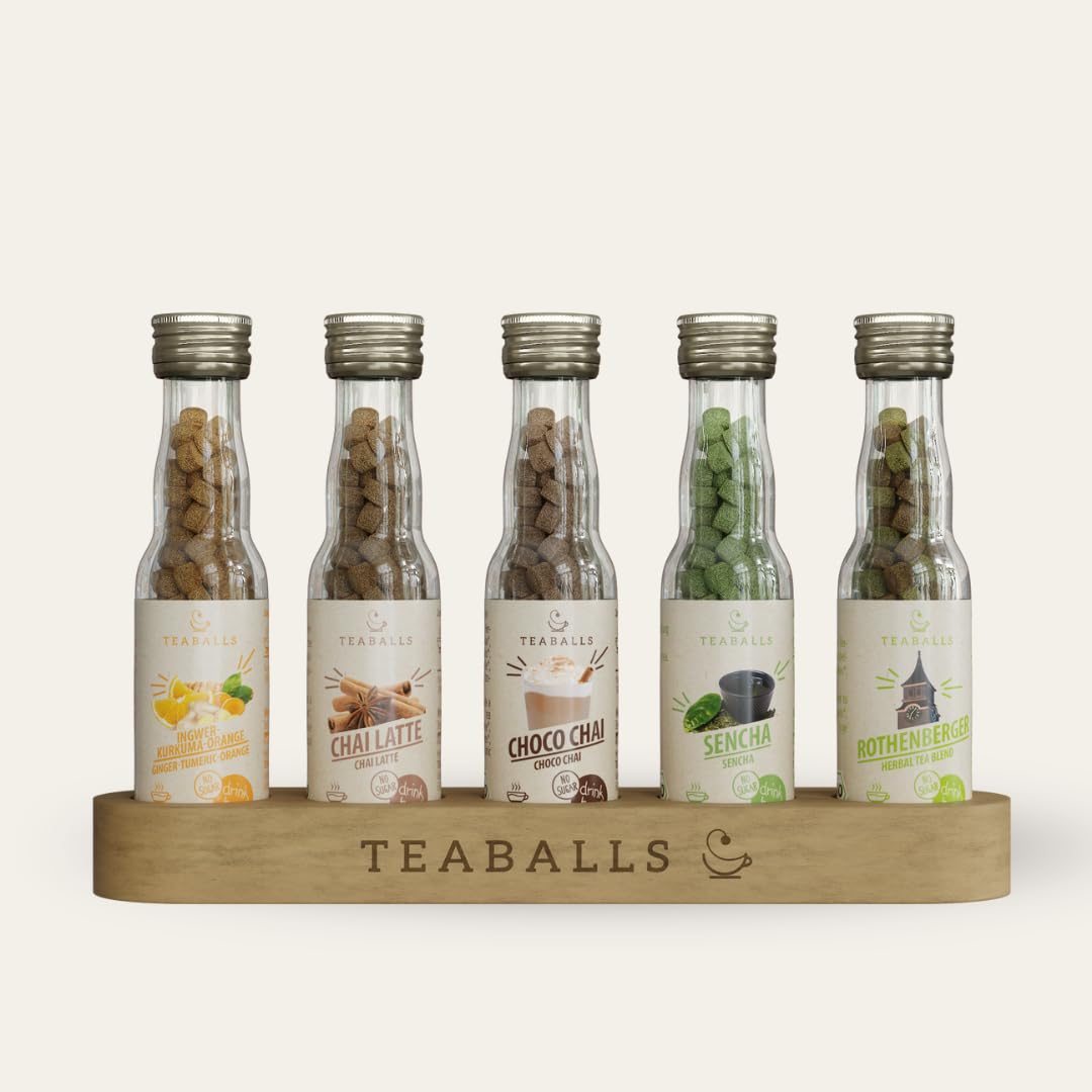 TEABALLS BIO TEA – 5ER SET SUPER FIT MIT PAM – Ingwer-Kurkuma-Orange, Chai Latte, Choco Chai, Sencha, Rothenberger Kräutermix – ca. 200 Tassen – Tee ohne Beutel, nur mit heißem Wasser – Geschenkidee
