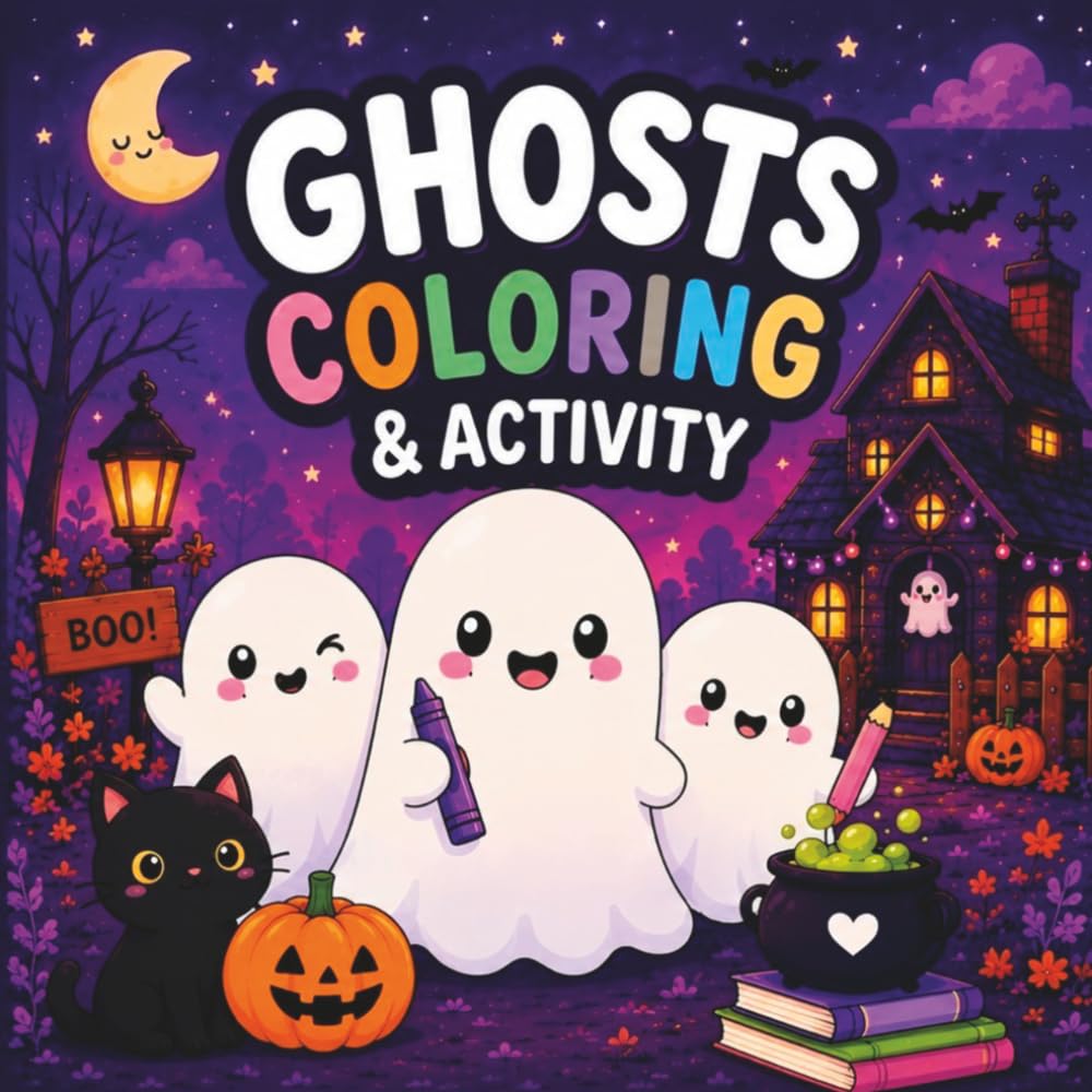 Cute Ghosts Coloring Book for Kids: Fun & Easy Halloween Coloring Pages with Adorable Ghosts, Pumpkins, Cozy Scenes, Cute Animals and Spooky Activities for Kids Ages 4-8