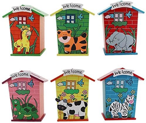 Amigozz Wooden Piggy Bank Wood House Animal Designs - Pack of 6