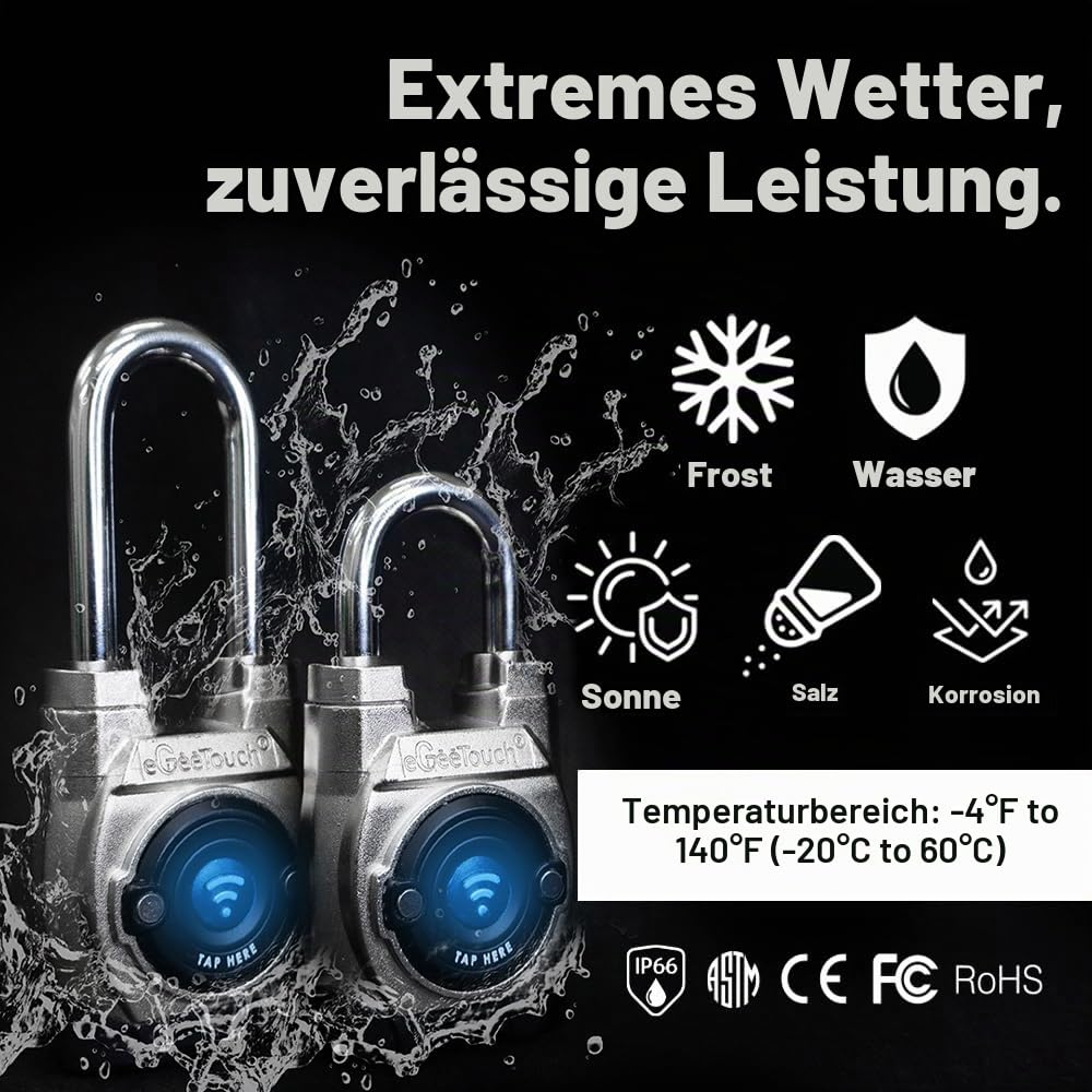 Smartes Vorhängeschloss für den Außenbereich der 5. Generation – Einzelnes Anti-Schnitt-Design, schlüsselloses Bluetooth- und NFC-Schloss, robuste wetterfeste Sicherheit für Tore, Schuppen