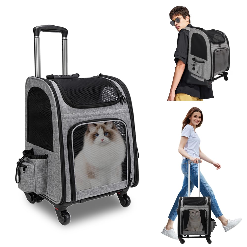 mumisuto Transportbox Katze mit Rädern 360° Drehbar, Transportbox Hund mit Taschen, Hundewagen Trolley-Rucksack, Tragbar und Atmungsaktiv, für kleine Hunde und mittelgroße Katzen bis zu 15 KG
