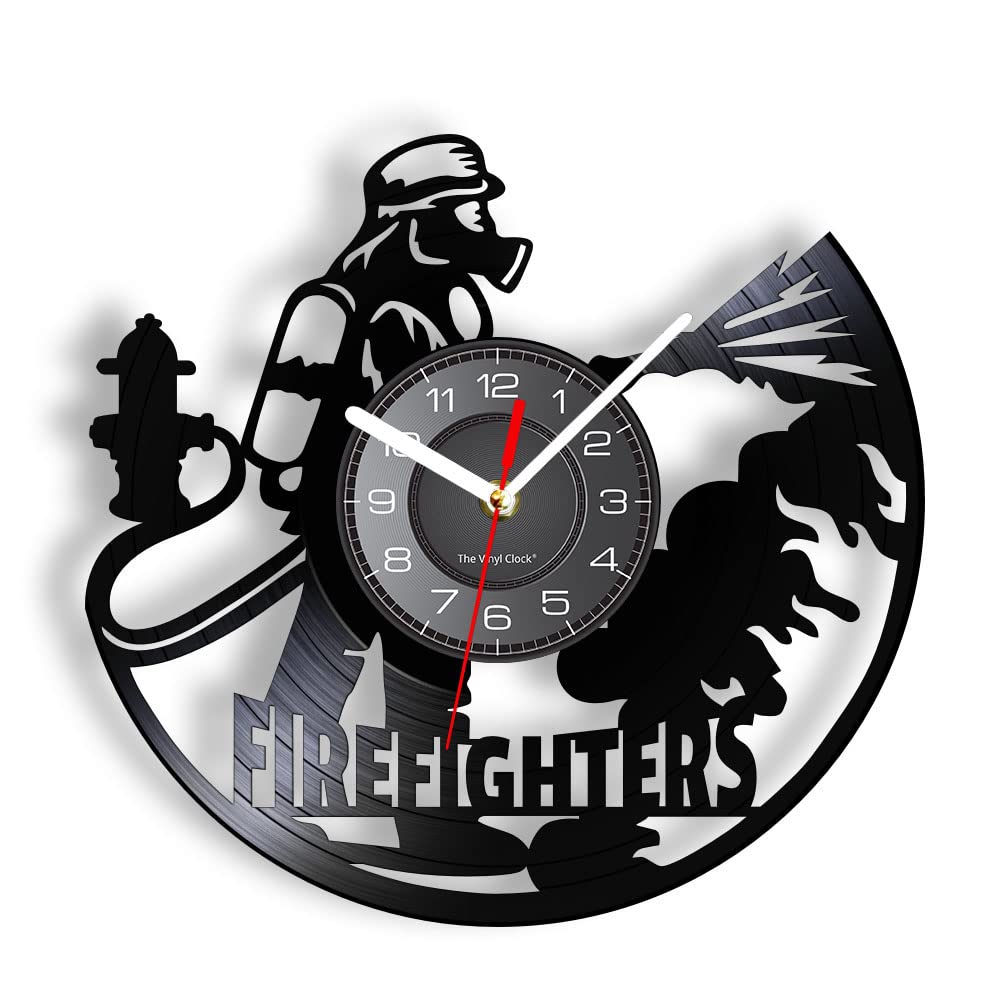Smotly Without Light Vinyl Wall Clock, Firefighter Extinguishing Themed With Led Night Light Function, 12 Inch Silent Wall Clock, Black, Home Decor Gift (Without Light)