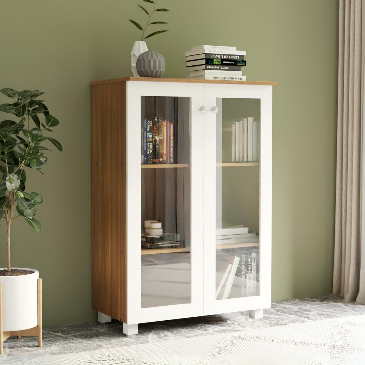 Hobbit Engineered Wood Bookshelf | Book Storage & Display Cabinet for Living Room, Study Room & Home Office | 2 Door Glass Cabinet Storage | Leon Teak & White Finish-image-17