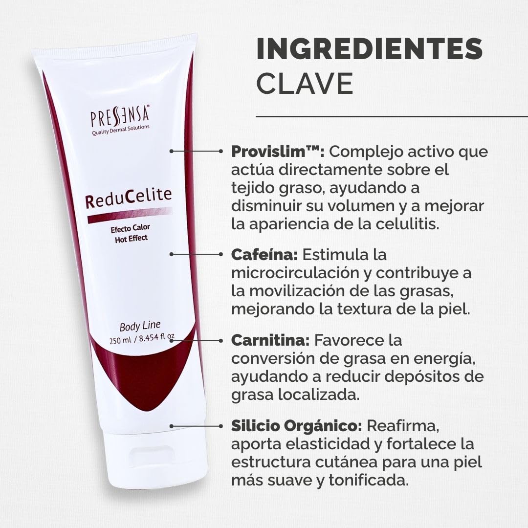 ReduCelite Gel Reductor Efecto Calor – Anticelulítico con Cafeína, Carnitina y Provislim – Favorece la Quema de Grasa y Reafirma la Piel – 250 ml