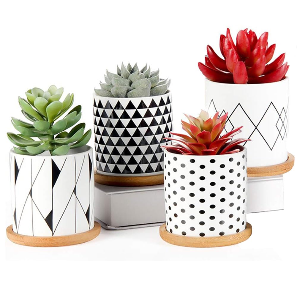 NeoStyle Succulent Plant Pots, Ceramic Cactus Planter with Drainage Hole and Bamboo Tray,Large Cylinder Flower Planter with Geometric Pattern,Plant Not Included (White&Black,4Pcs)