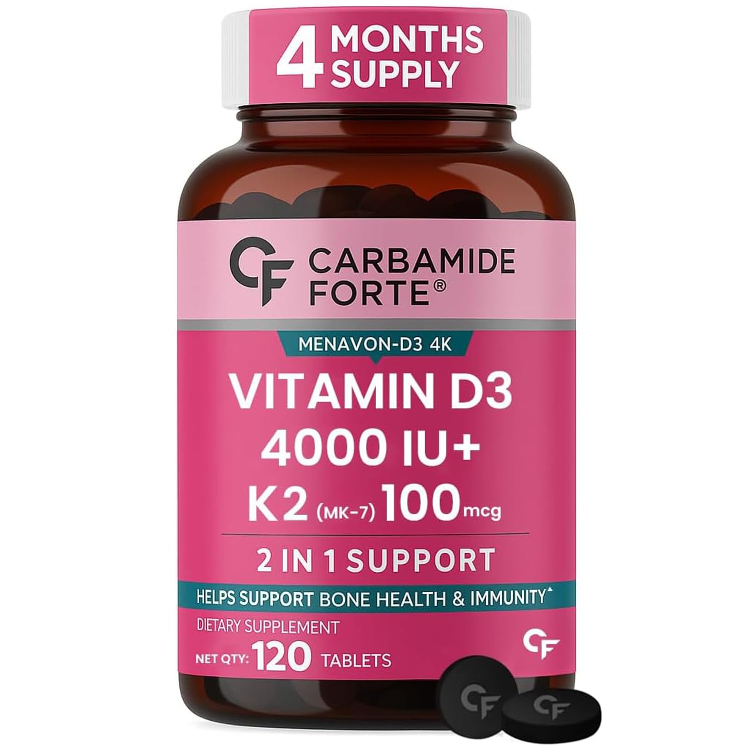 Carbamide Forte Vitamin D3 4000IU + K2 100µg (MK7) | 1 Tablet-A-Day | 4 Month Supply | High Strength Vitamin D3 K2 Supplement for Bone & Heart Health|120 Tablets Pink