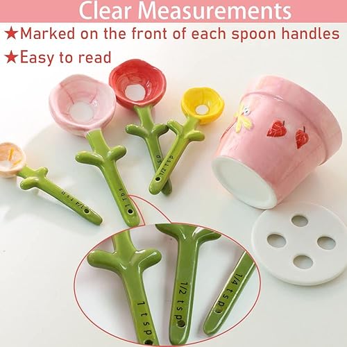 Miniatura 3 de Juego de cucharas medidoras de flores en maceta, regalos únicos para hornear, tazas y cucharas medidoras de cerámica con soporte para ingredientes