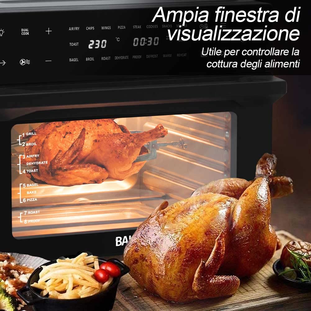 Bakaji Forno Friggitrice ad Aria Calda Capacità 30Lt 1800W Frigge Griglia Essicca Senza Olio Airfryer Display Touch 18 Programmi Funzione Doppia Cottura Timer Regolazione Temperatura Doppio Vetro