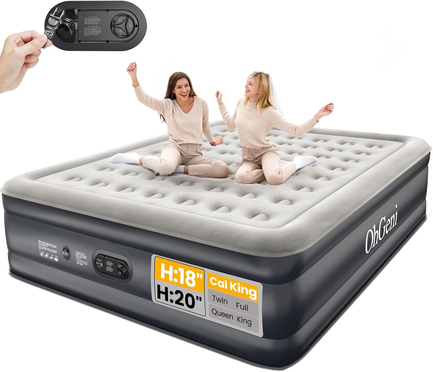OhGeni Cal King Air Mattress with Built in Pump, 18" Tall Inflatable Blow Up Bed, Luxury Comfort for People(190CM Height), Keep Feet from Dangling, Foldable & Portable Colchon inflables, Black