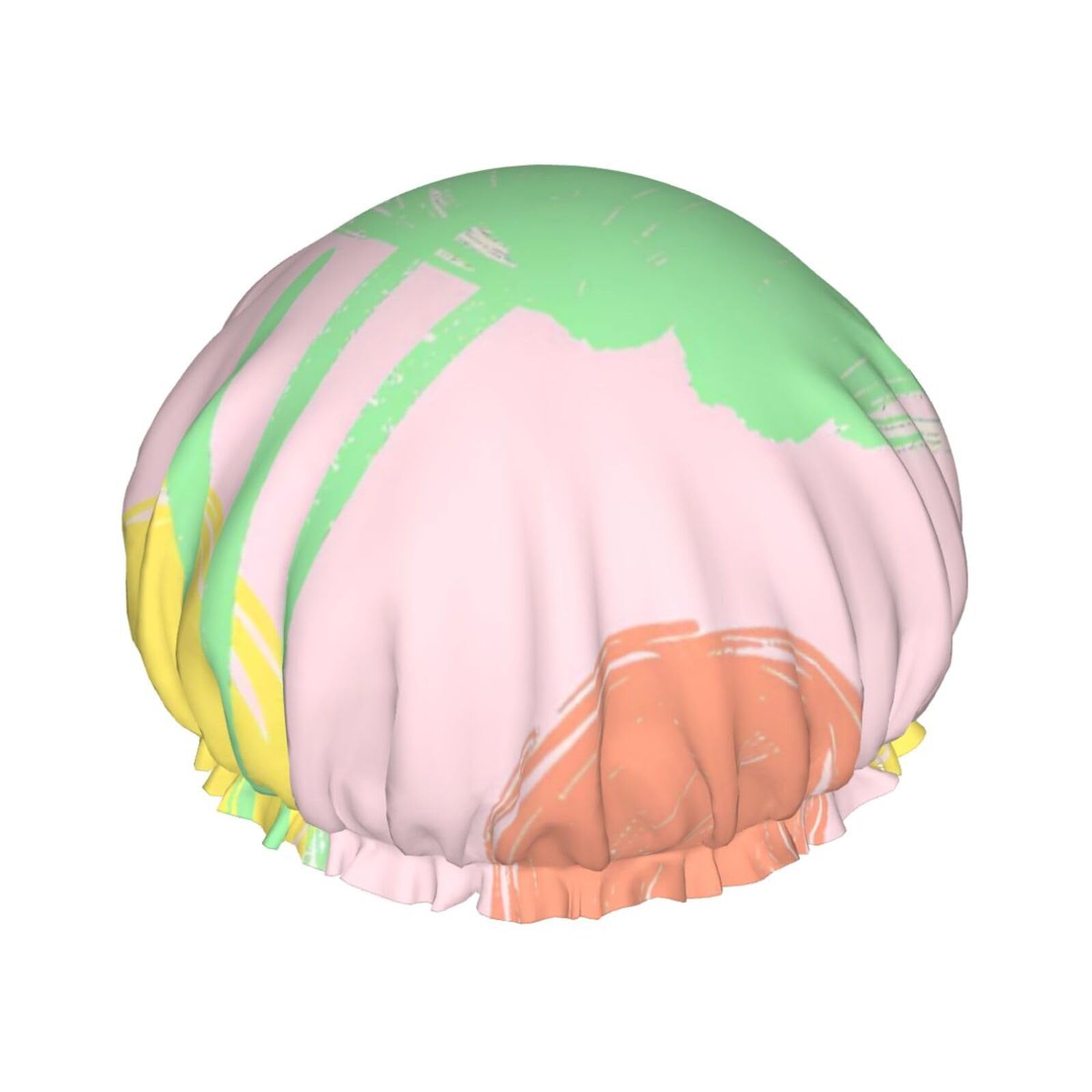 Pastel-Colored Abstract Green Tulip And Circles Double Layer Waterproof Shower Cap Elastic Band Universal Fit Lightweight For Bath Face Care Cooking Hair Protection Men Women