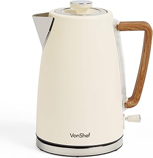 VonShef Rapid Boil Kettle - 1.7L Matte Cream and Wood Effect Kettle 3000W – Boil Dry Protection, Automatic Shut Off, Removable Filter, Cord Storage and 360 Degree Swivel Base