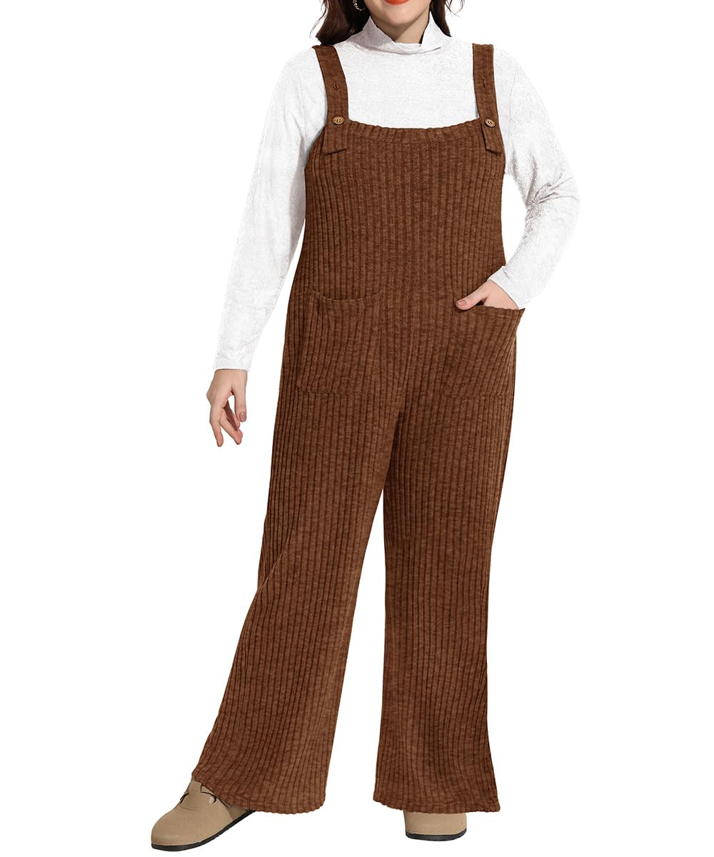RITERA Plus Size Romper For Curvy Women Sleeveless Jumpsuits Knit Button Straps Wide Leg Pant Pocket Overall Fall XL-5XL