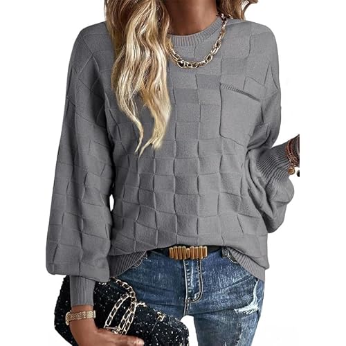SHEWIN Womens 2024 Casual Long Sleeve Tops Sweaters Solid Color Crewneck Loose Pullover Checkered Knit Sweaters Shirts