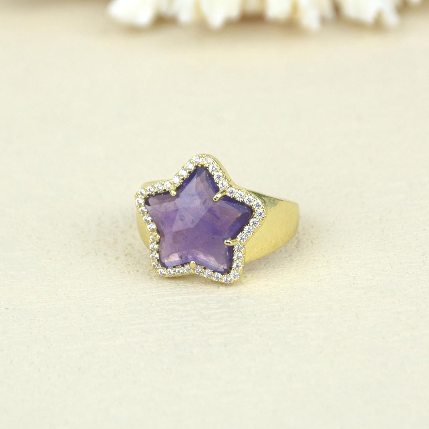 Amethyst Crystal Ring, Gold Plated Natural Gemstone Star Adjustable Ring with for Women, Birthstone Rings Jewelry for Valentine's Day, Birthday - Image 4